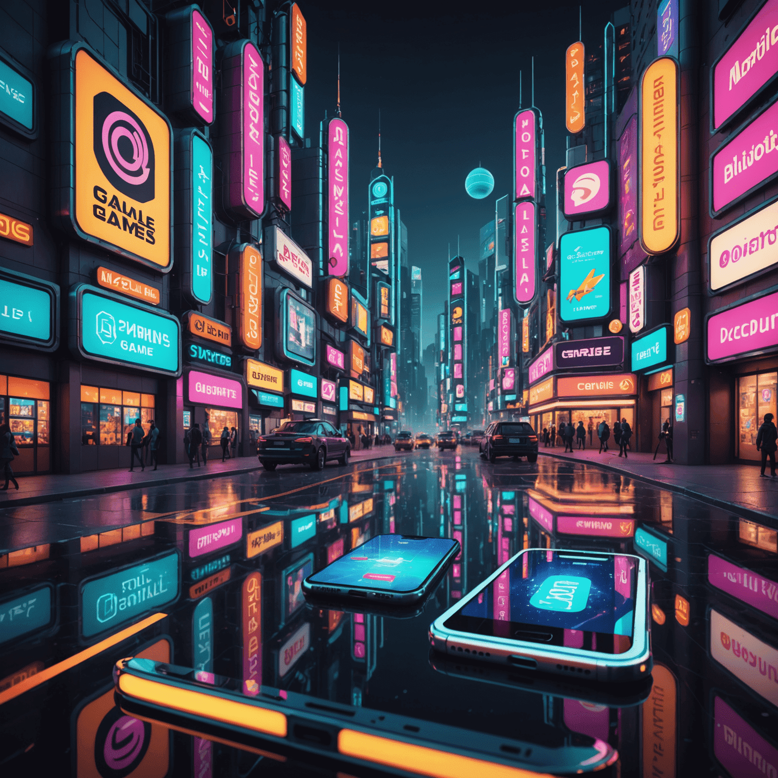 A retro-futuristic cityscape with neon signs advertising mobile games and app stores. In the foreground, stylized 3D renderings of smartphones float, displaying popular cell phone games.