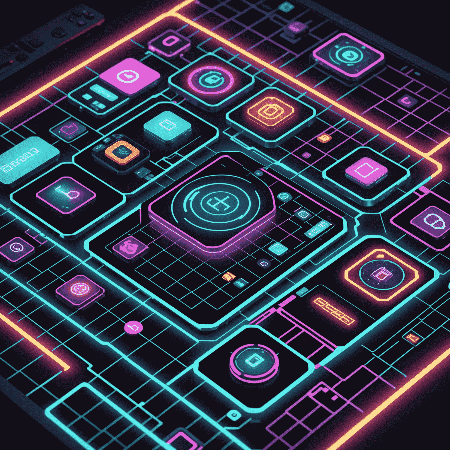 A neon grid with various mobile game design elements floating in a retro-futuristic space, showcasing UI components, character designs, and level layouts for cell phone games.