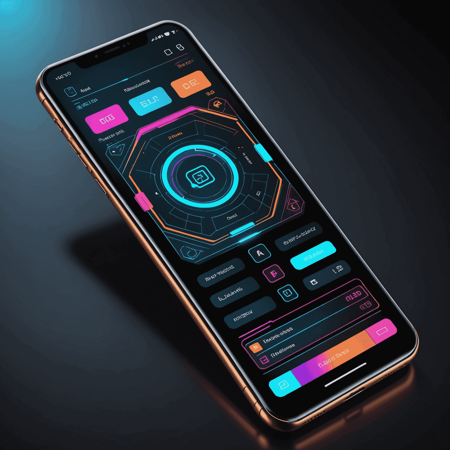 A futuristic mobile phone displaying a game design interface with neon wireframes and color palettes