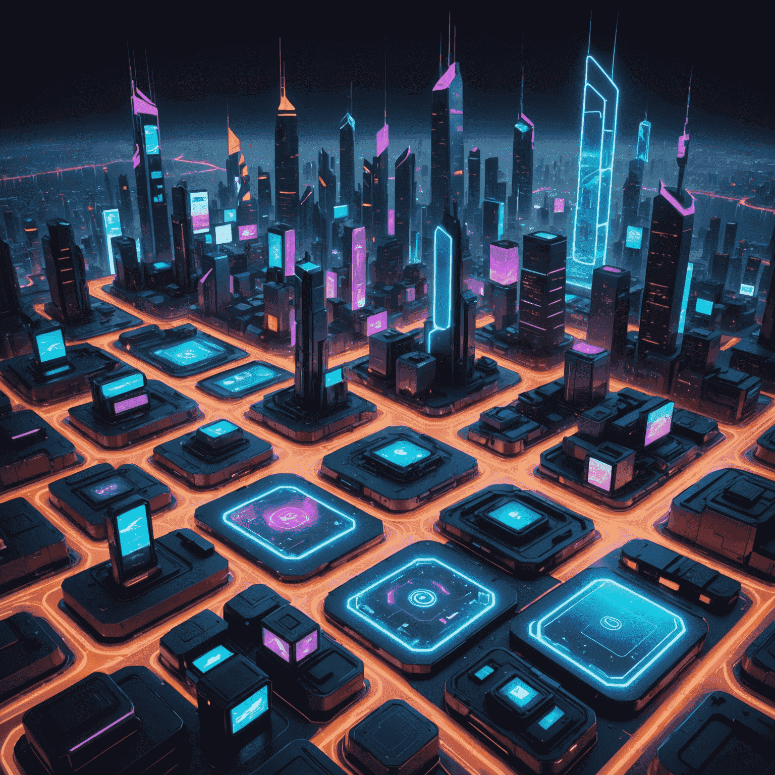 A futuristic cityscape with neon-lit mobile devices floating, showcasing various game interfaces