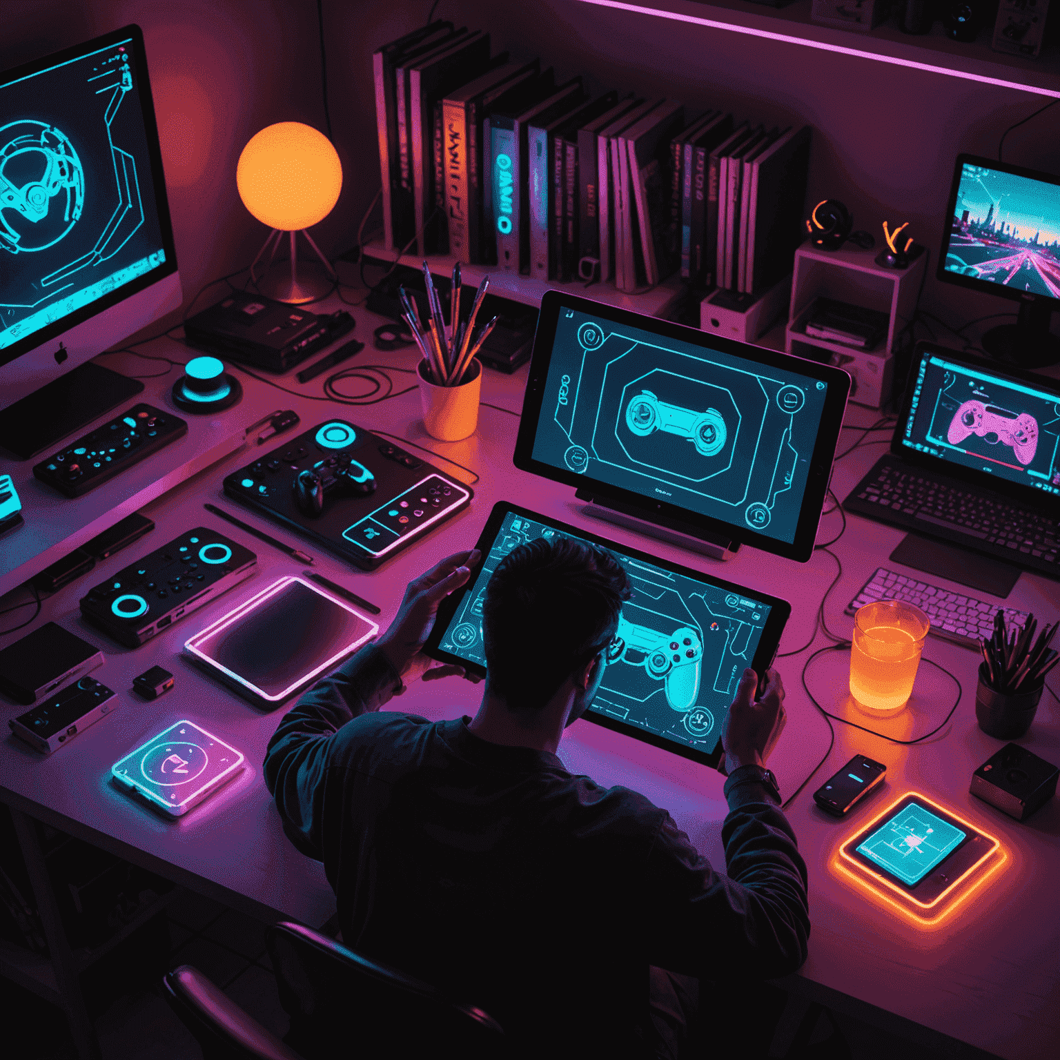 A neon-lit workspace with a designer sketching mobile game concepts on a tablet, surrounded by retro gaming consoles and futuristic cell phones