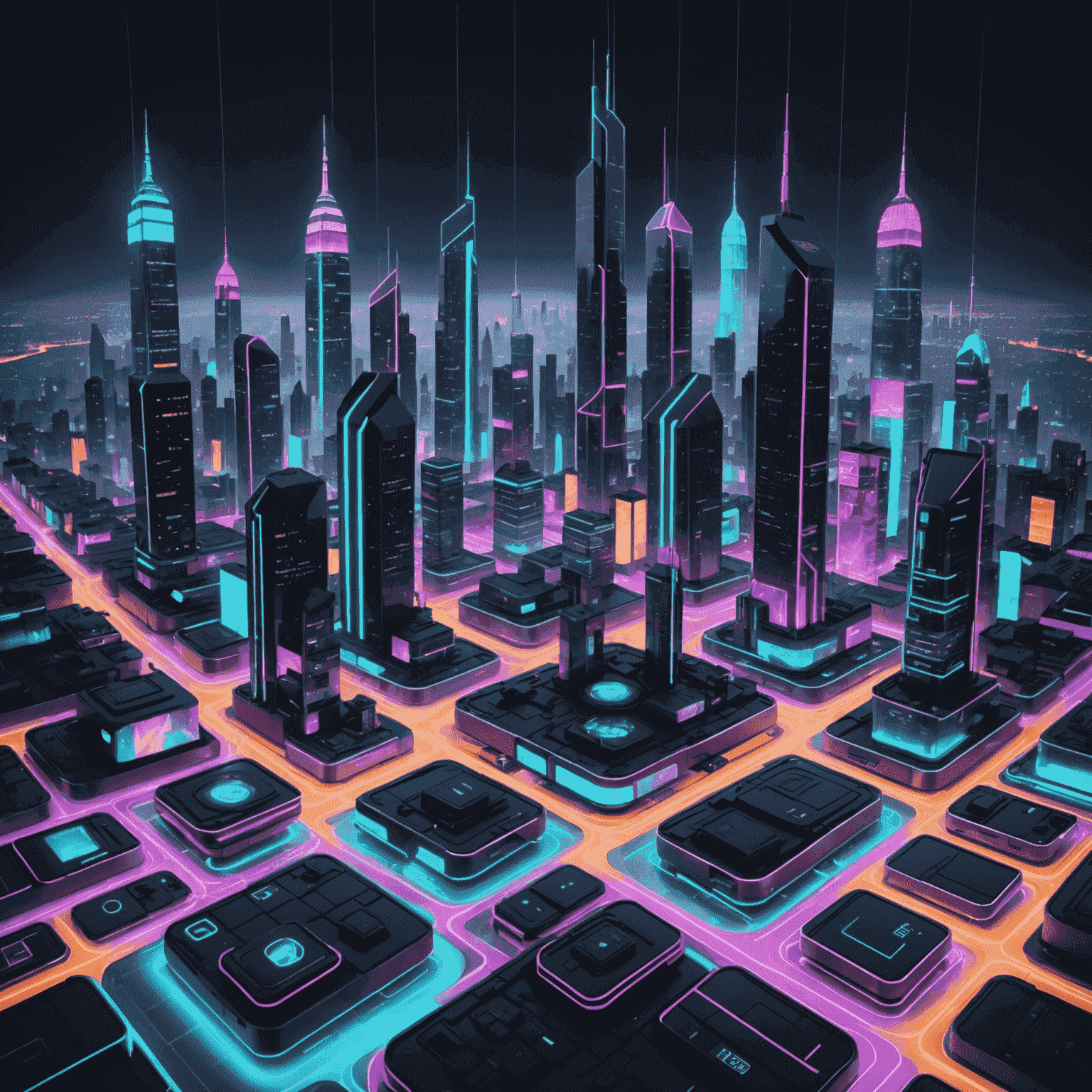 A futuristic cityscape with neon grid overlays, featuring floating mobile devices displaying popular cell phone games