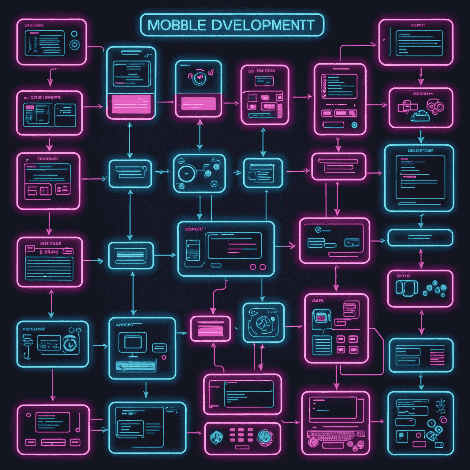 A retro-style flowchart showing the stages of mobile game development, from concept sketches to coding interfaces to testing on various cell phone models, all in neon pink and blue.