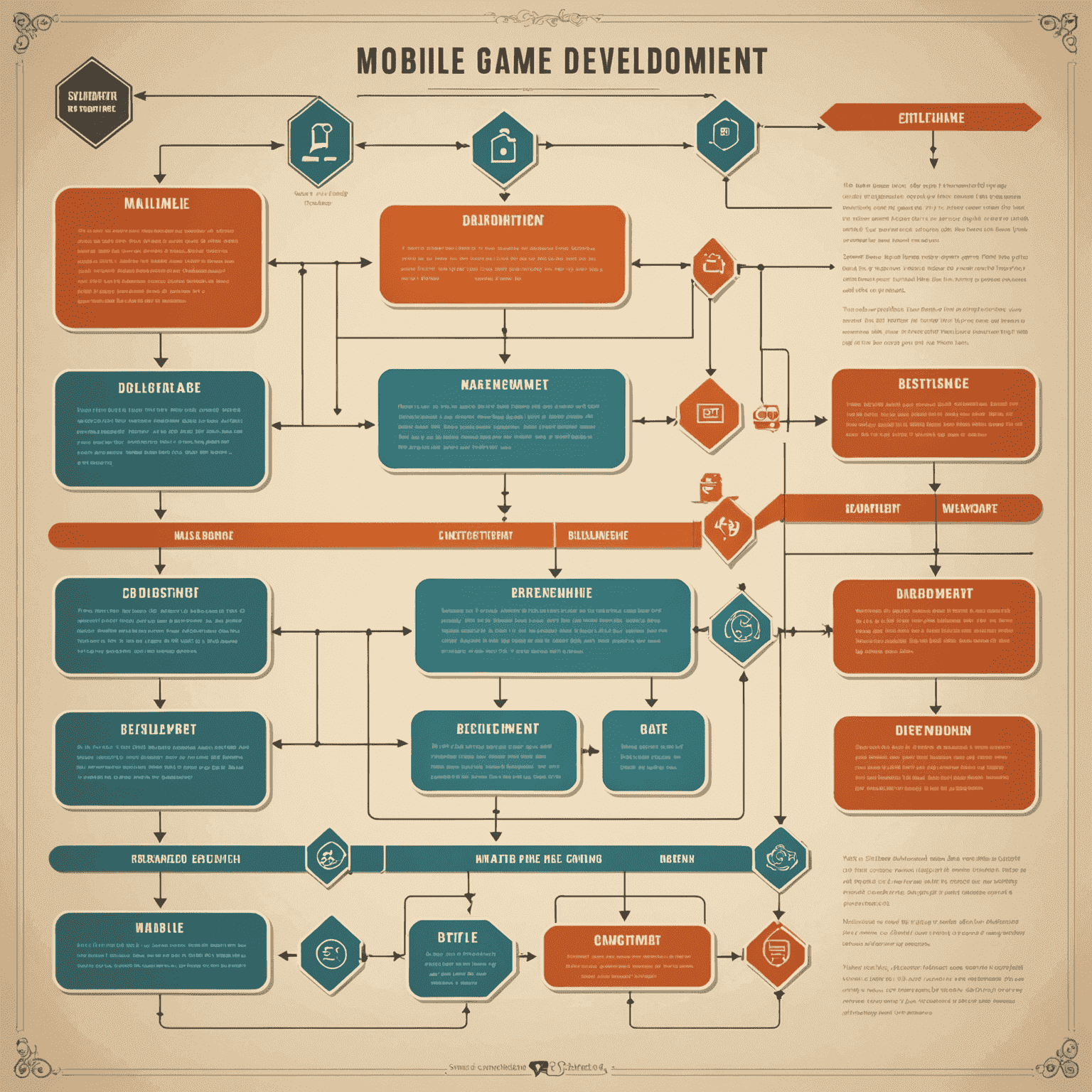 A retro-style flowchart showing the stages of mobile game development from concept to launch