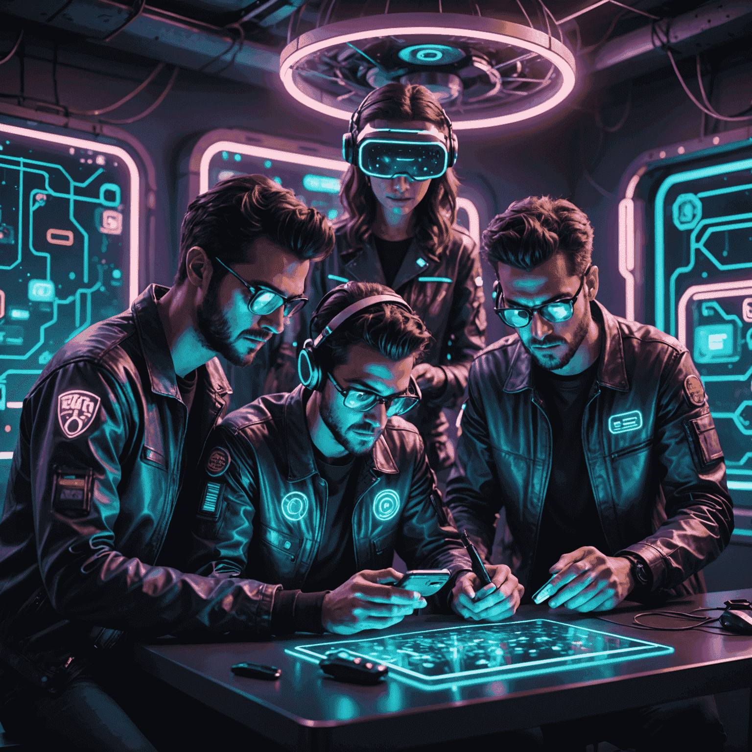 A retro-futuristic development team working on cell phone game elements, with neon code projections and holographic game characters floating around them