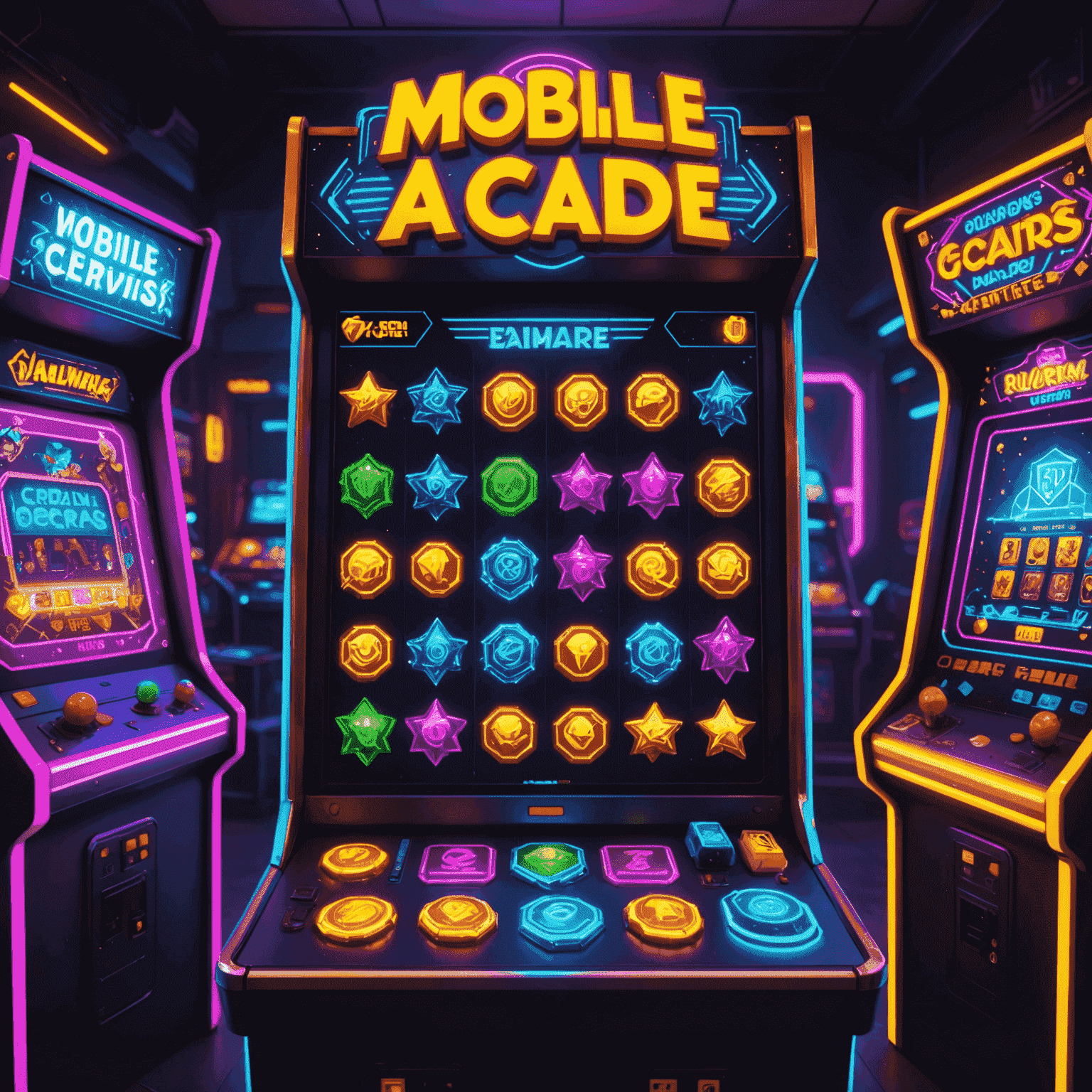 A neon-lit screen showcasing various rewards in a mobile game, including glowing coins, power-up icons, and exclusive character skins, all presented in a retro arcade style