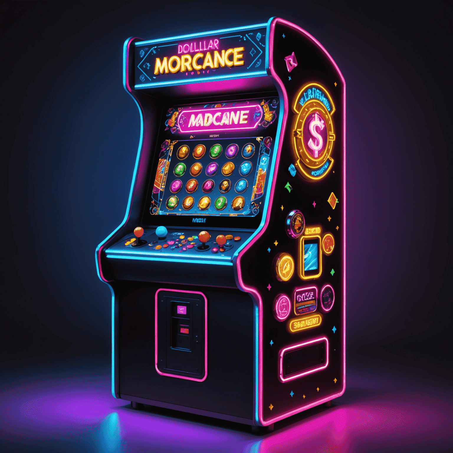 A neon-lit arcade machine displaying various monetization icons like coins, gems, and dollar signs, representing different strategies used in cell phone games to generate revenue.