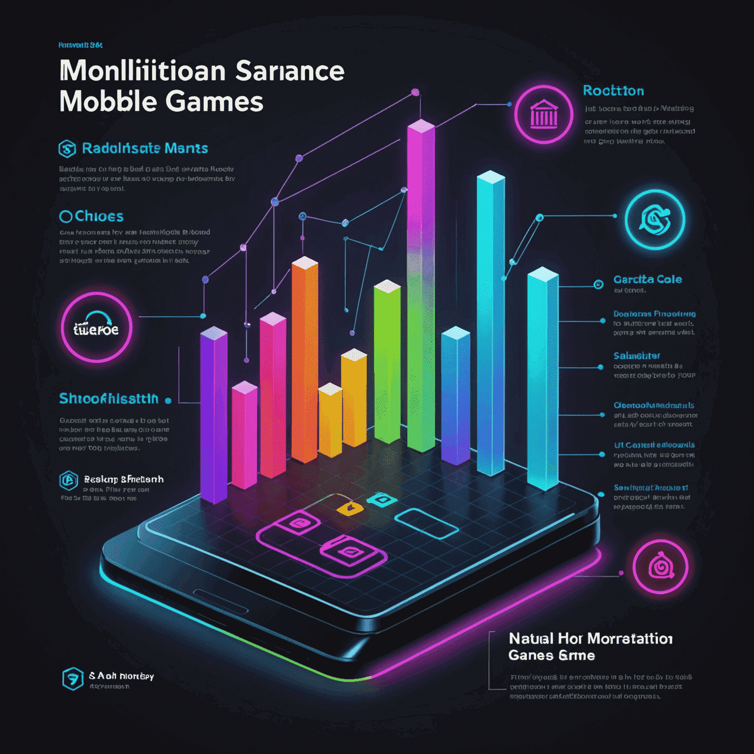 A neon-lit graph showing different monetization strategies for mobile games