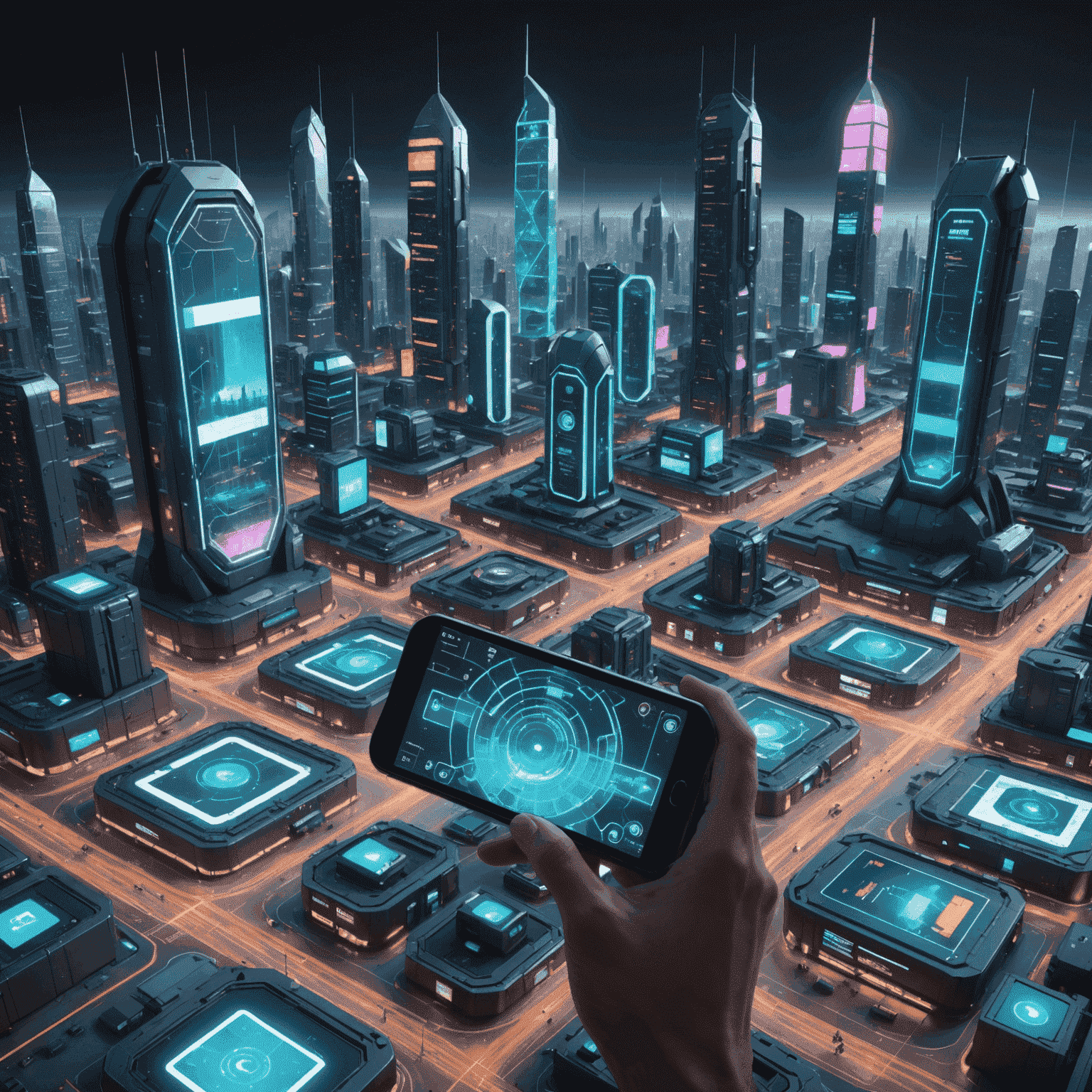 A futuristic cityscape with giant holographic cell phones displaying various stages of game development, from wireframes to finished products