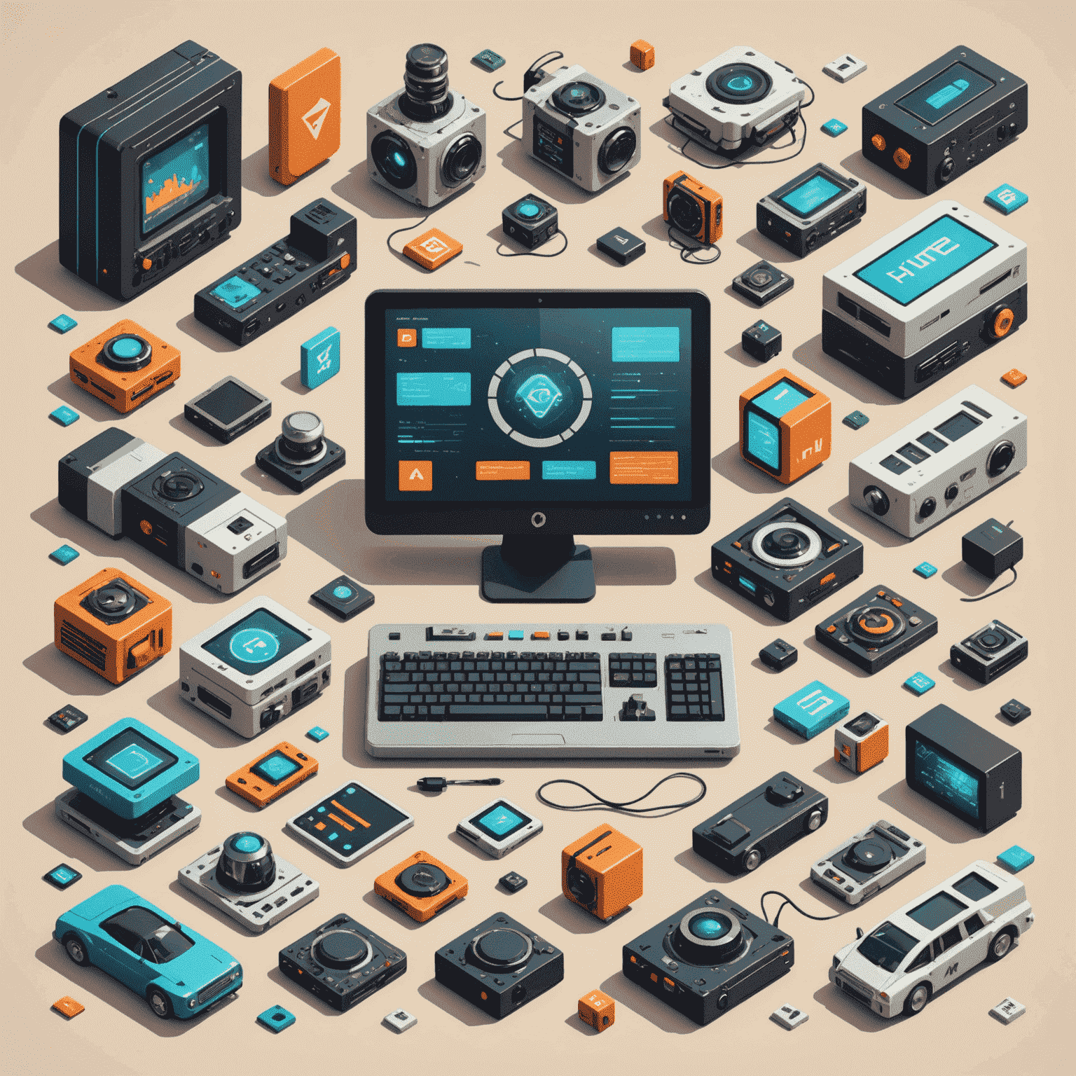 A retro-futuristic collage of mobile game engines, programming languages, and development tools