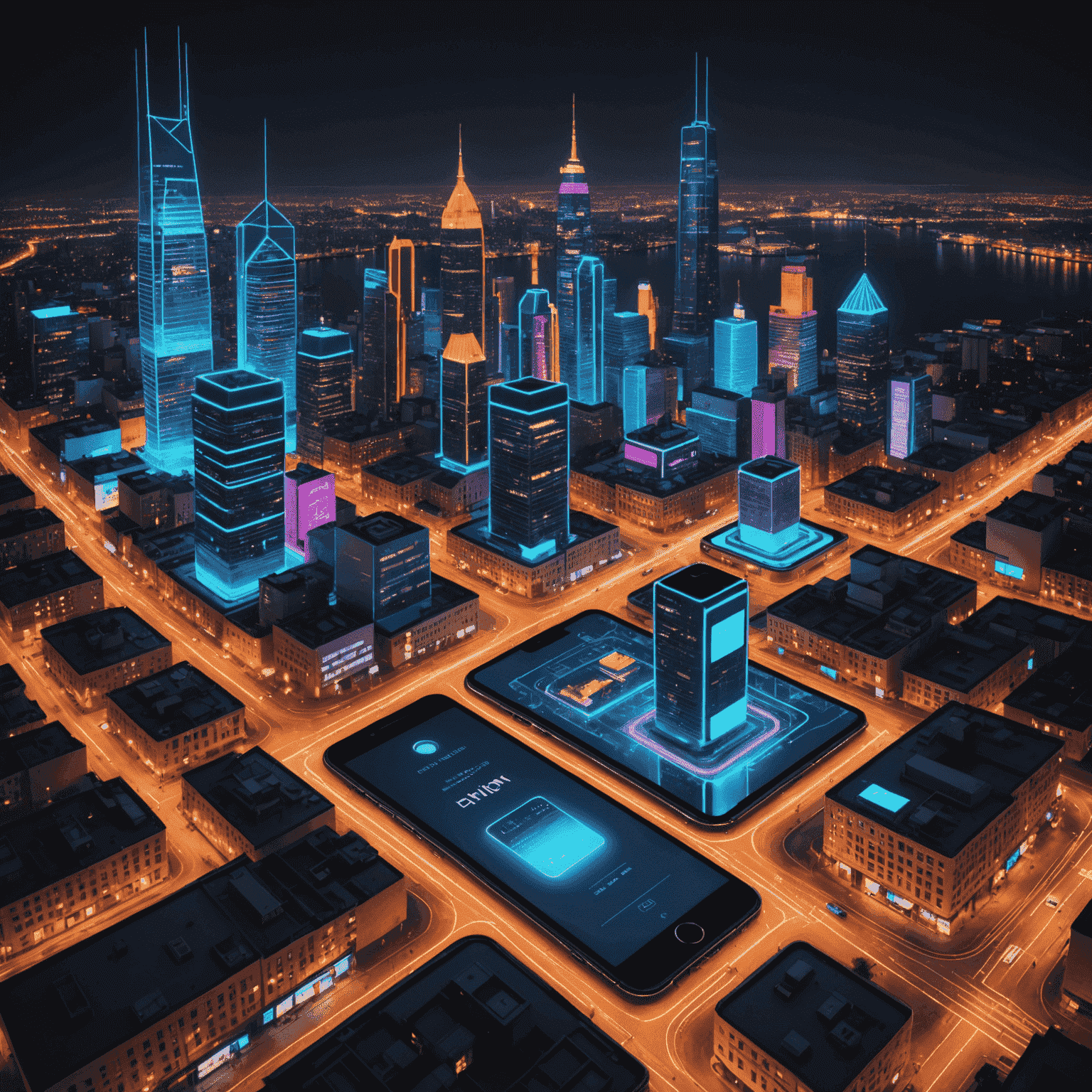 A neon cityscape with mobile devices showing user engagement metrics and retention strategies